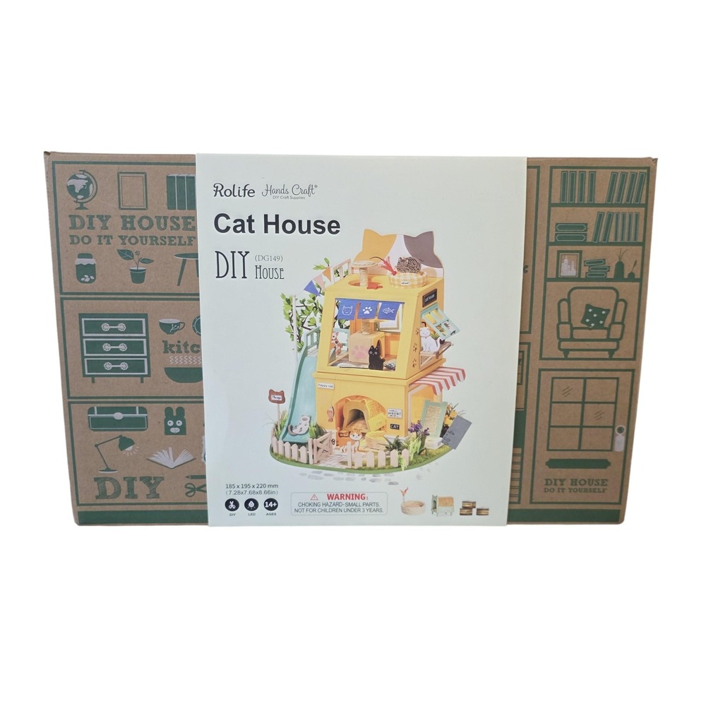 Rolife Cat House DG149 DIY Miniature Dollhouse Kit LED 2-Story Yellow Wooden